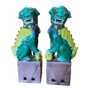 Antique 19th C. Foo Dog Statue Porcelain Chinese Fu Lion Guardian 8” Figures Set